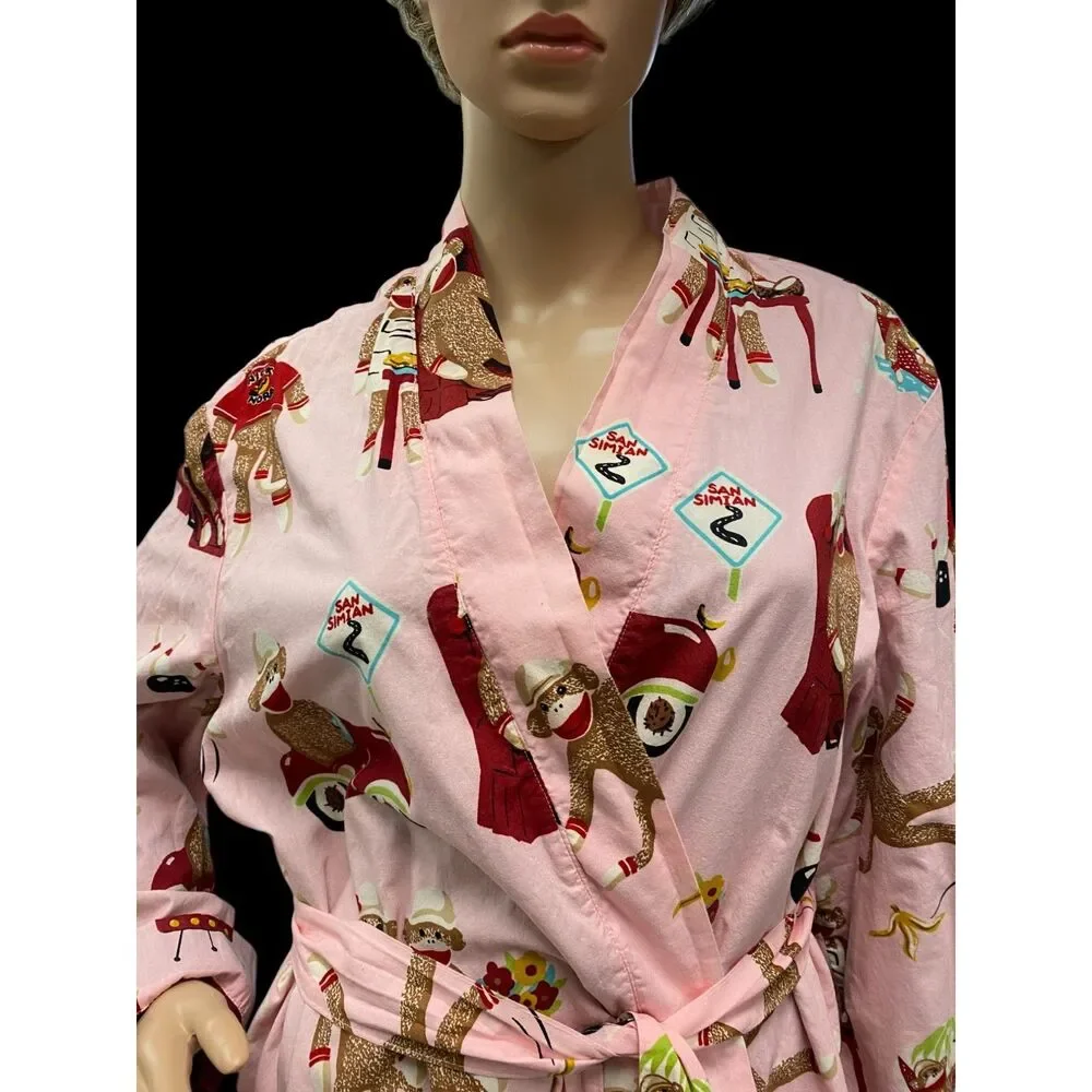 NICK & NORA L / XL Belted Lined Front Pockets Pink Sock Monkey Robe